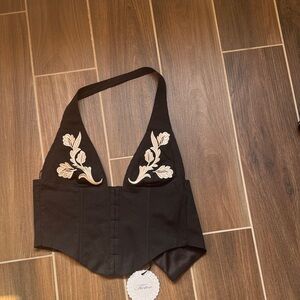 Black Embroidered Halter Crop Top